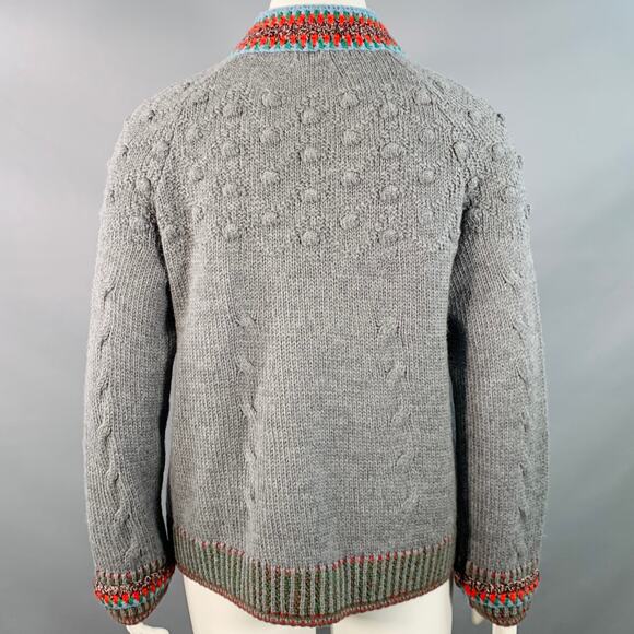 Size 12 Grey Multi Color Wool Cable Knit Bobble Leather Trim Jacket - Picture 7 of 11